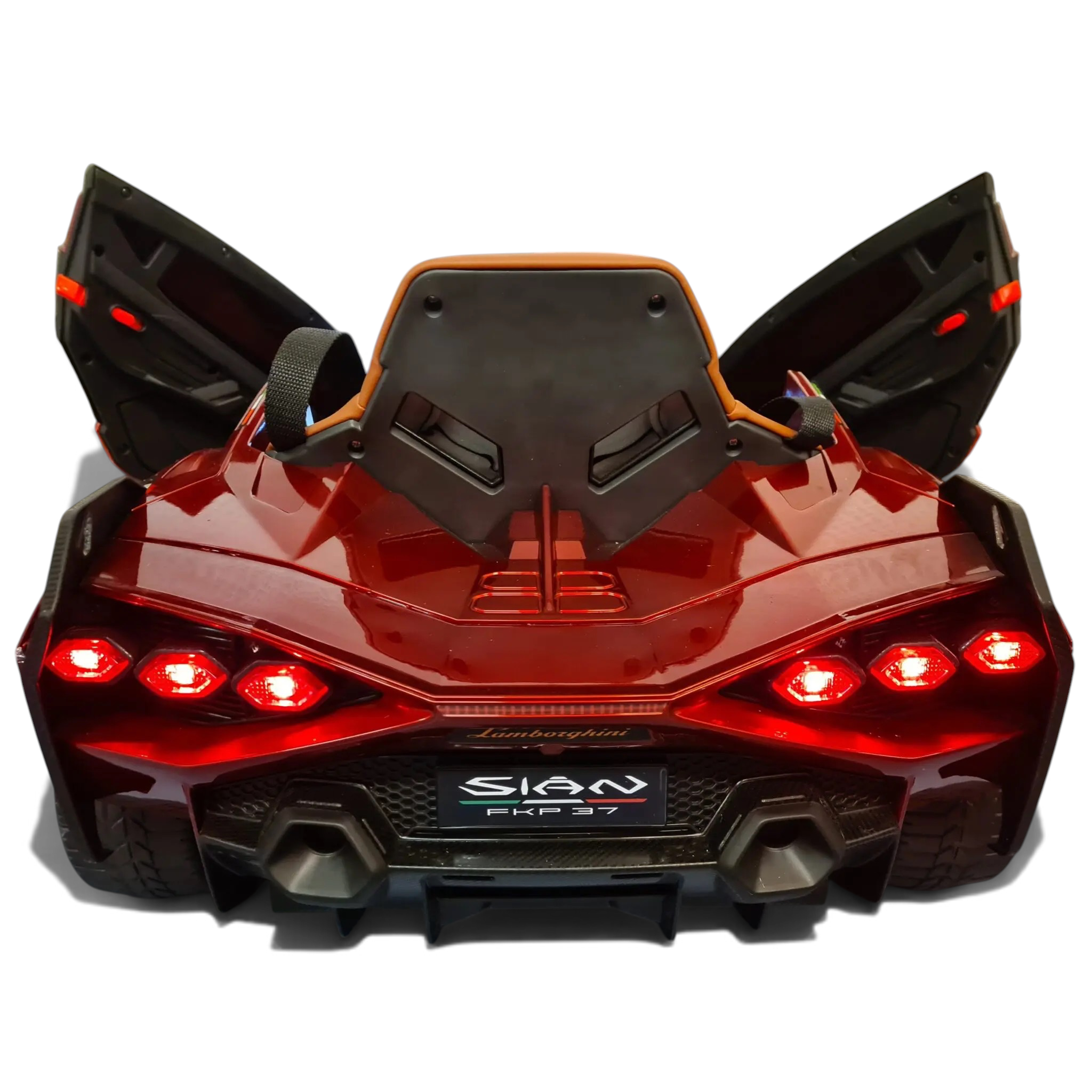 Vue arrière de la voiture électrique enfant Petit Pilote Lamborghini Sian rouge métallisé avec portes ouvertes et feux LED