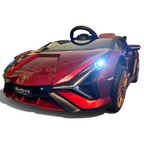 Voiture électrique enfant Petit Pilote Lamborghini Sian rouge métallisé avec phares LED allumés et jantes dorées