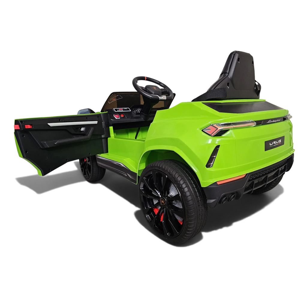 Voiture électrique enfant Petit Pilote Lamborghini Urus verte avec porte ouverte et siège en cuir