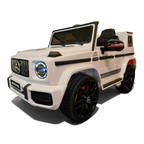Voiture électrique enfant Petit Pilote Mercedes G63 AMG blanche avec détails noirs, pneus caoutchouc et siège en cuir