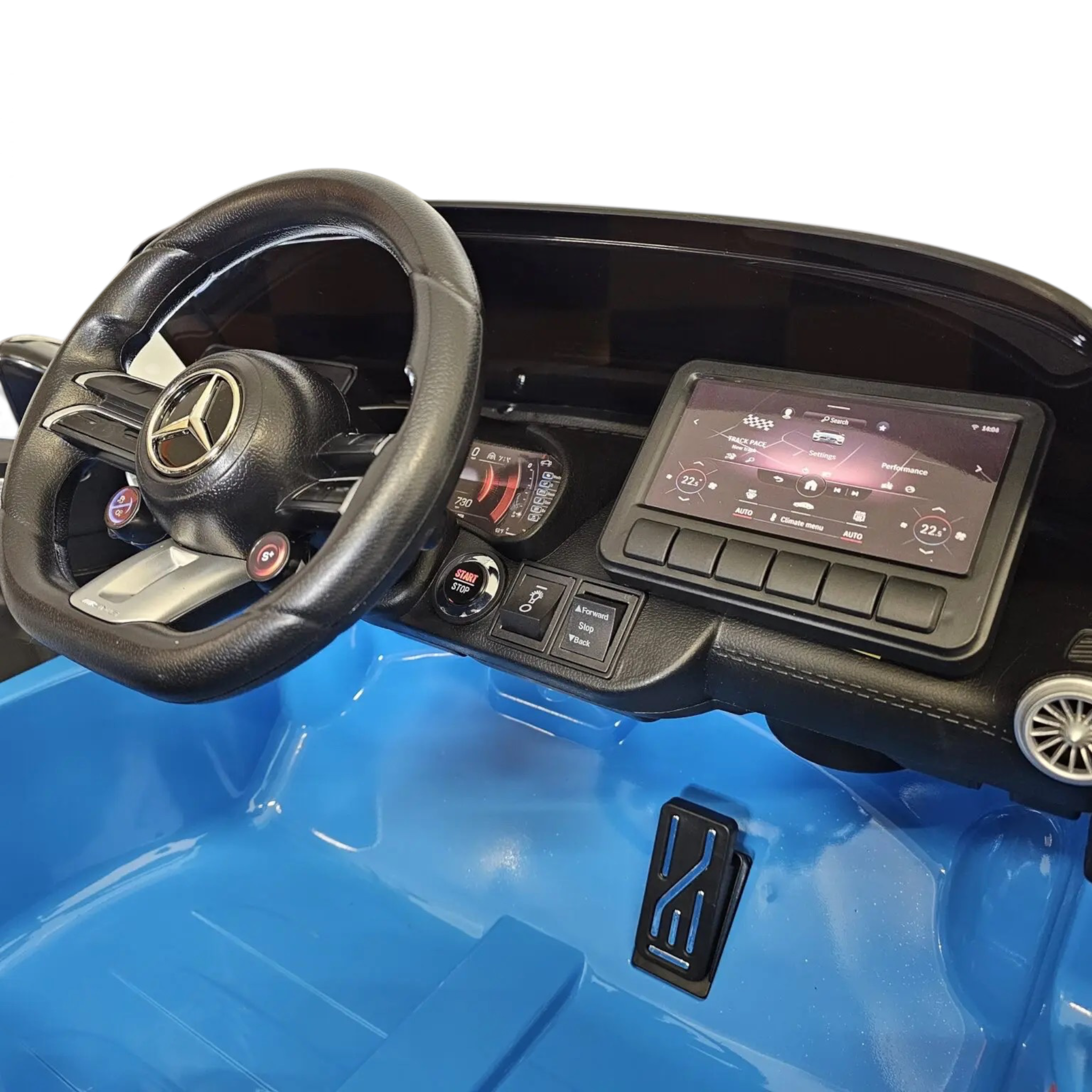 Intérieur de la voiture électrique Petit Pilote Mercedes SL63 bleu métallisé avec volant, écran multimédia et pédale