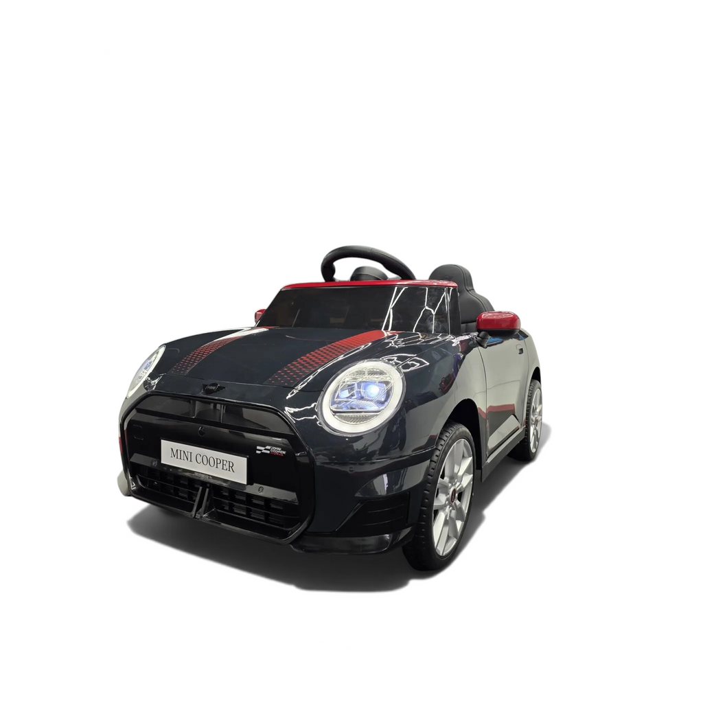 Voiture électrique enfant Petit Pilote Mini Cooper S noire métallisée avec phares LED, siège cuir et détails rouges