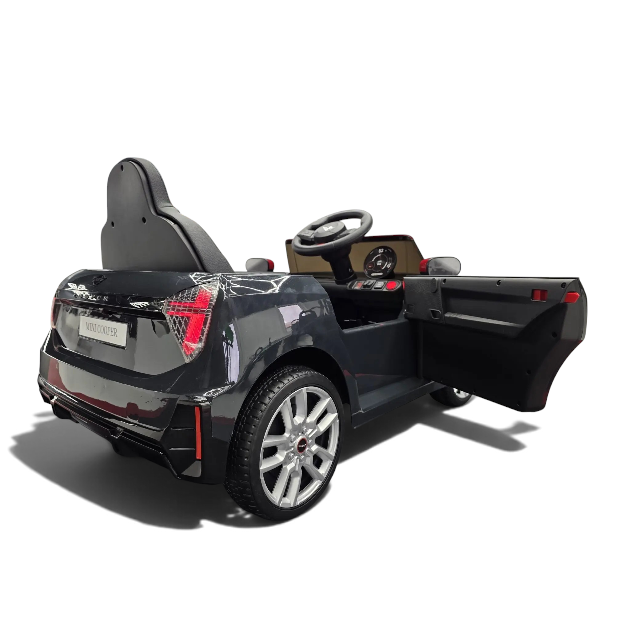 Voiture électrique enfant Petit Pilote Mini Cooper S noire métallisée avec porte ouverte et siège en cuir