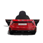 Vue arrière de la voiture électrique pour enfant Petit Pilote Mini Cooper S rouge métallisé avec portes ouvertes