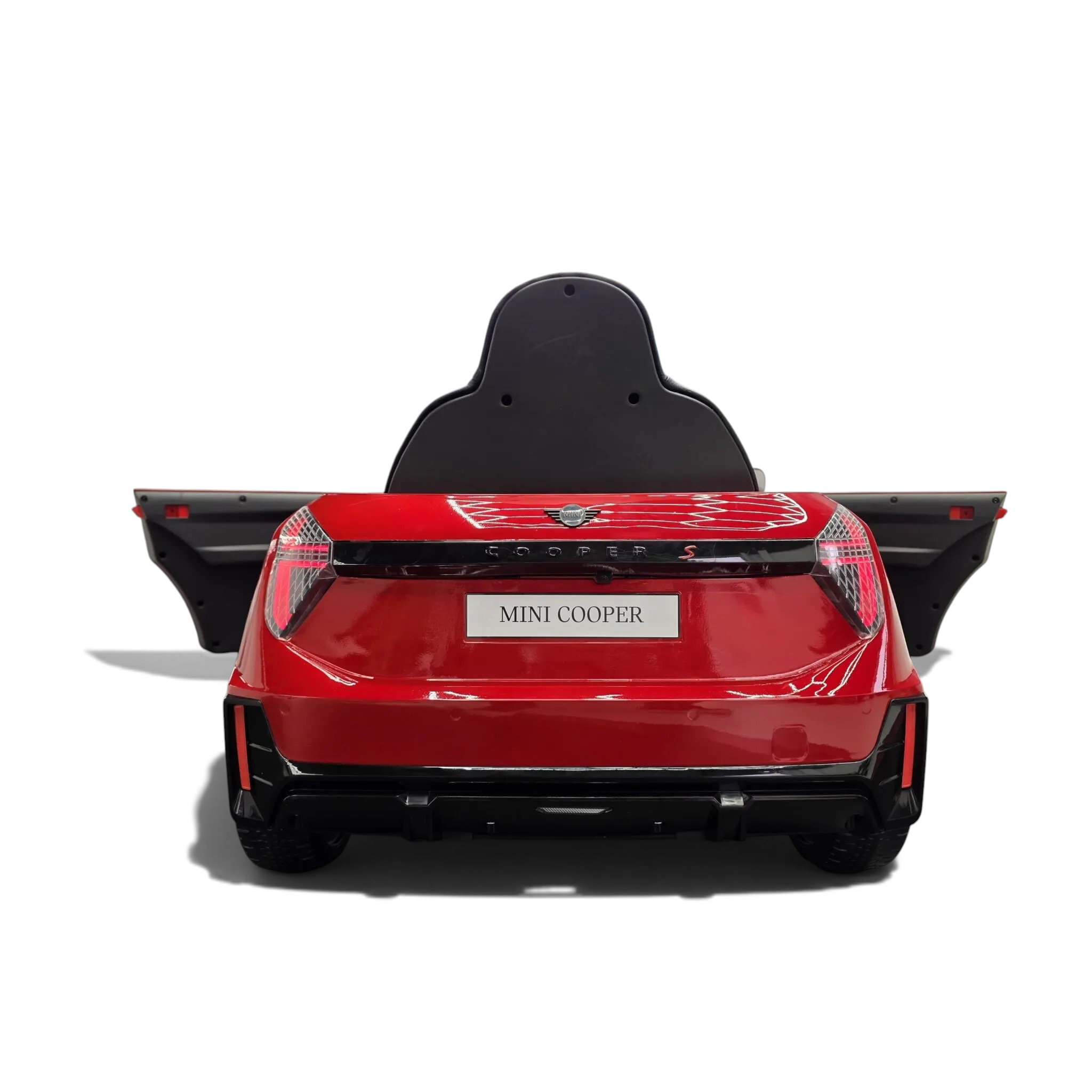 Vue arrière de la voiture électrique pour enfant Petit Pilote Mini Cooper S rouge métallisé avec portes ouvertes