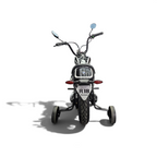 Vue arrière de la moto électrique enfant Petit Pilote BMW R18 24V noire avec stabilisateurs et plaque d'immatriculation