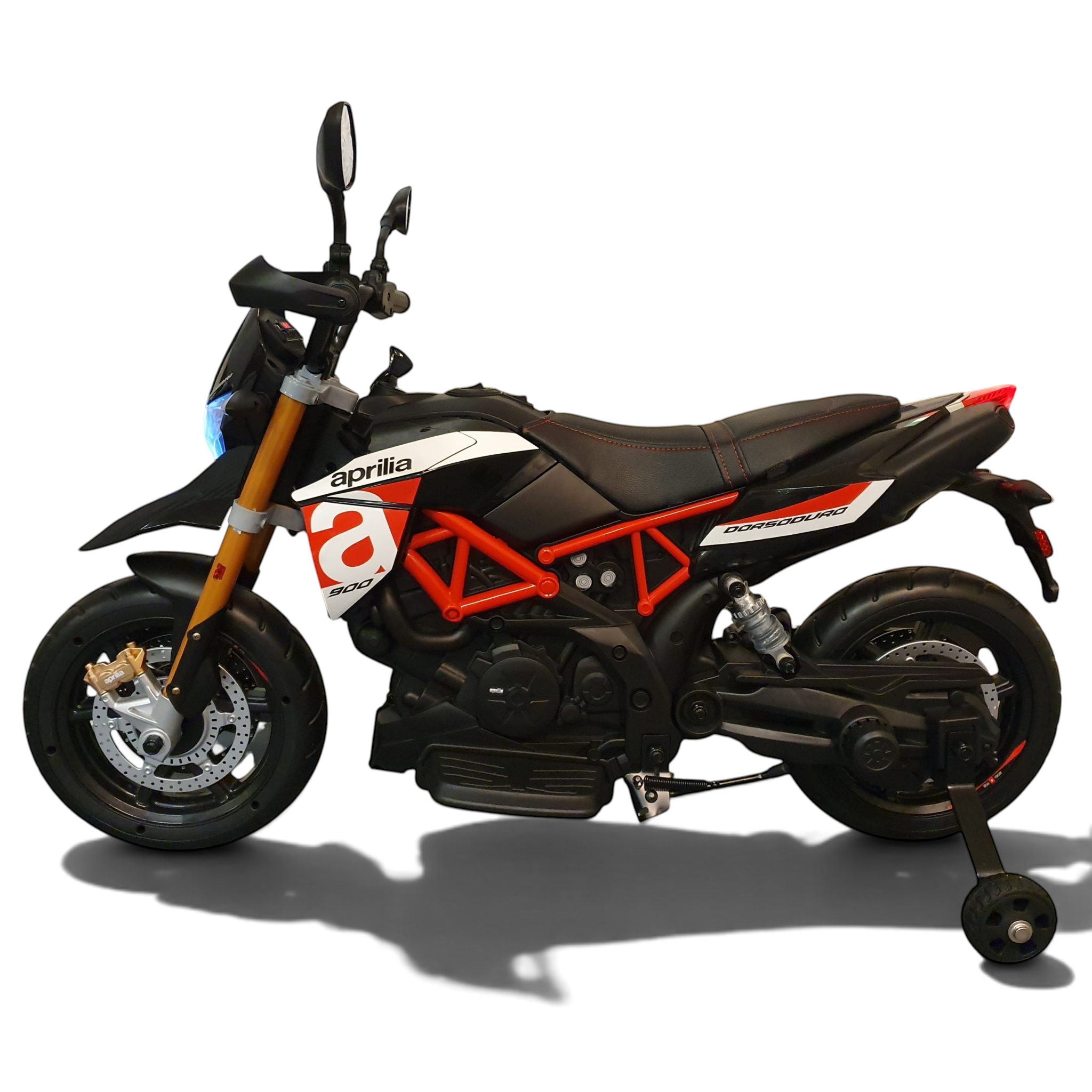 Moto électrique pour enfant Petit Pilote Aprilia Dorsoduro rouge et noire avec roulettes latérales et phares LED