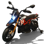 Moto électrique pour enfant Petit Pilote Aprilia Dorsoduro rouge et noire avec phares LED et roulettes latérales