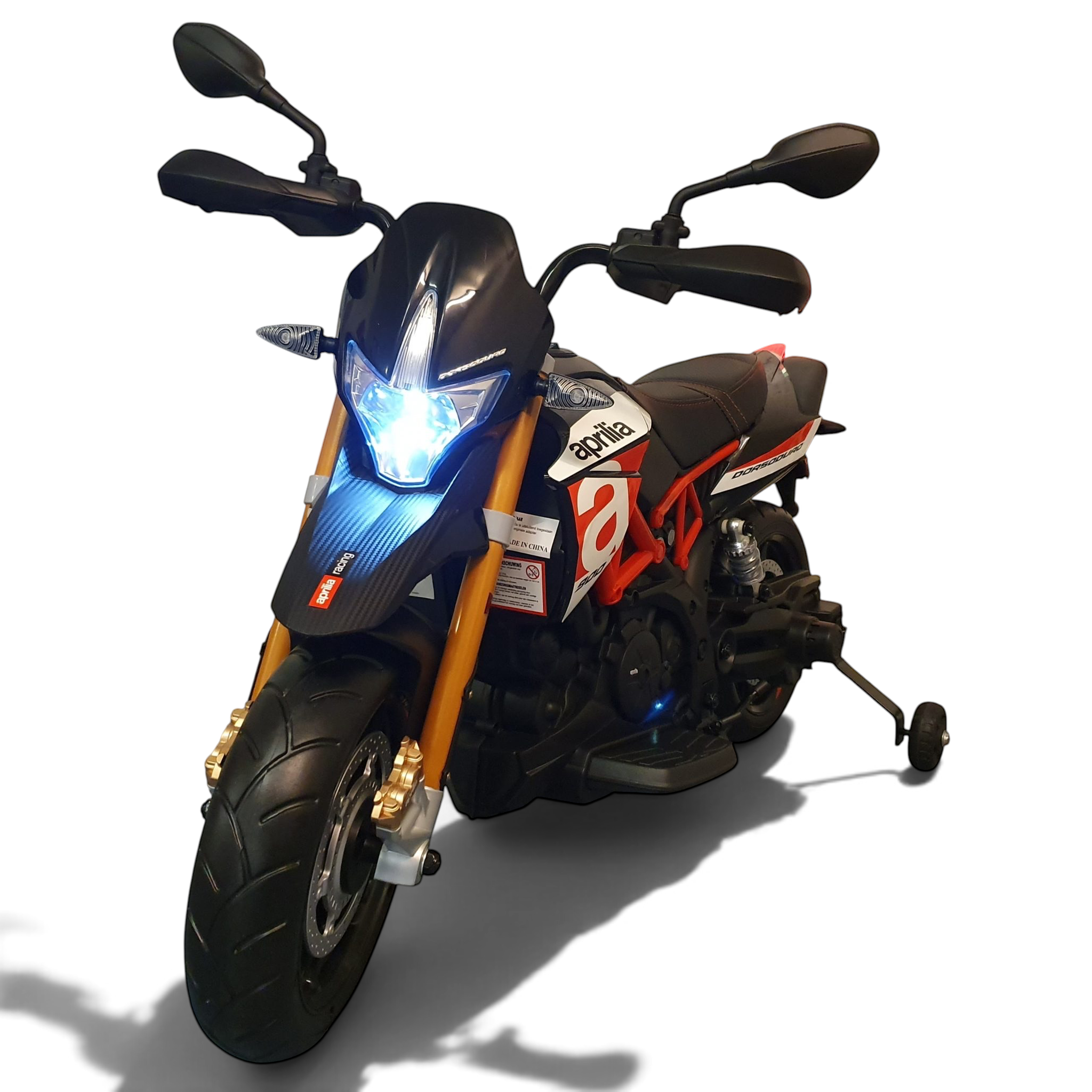 Moto électrique pour enfant Petit Pilote Aprilia Dorsoduro rouge et noire avec phares LED et roulettes de stabilisation