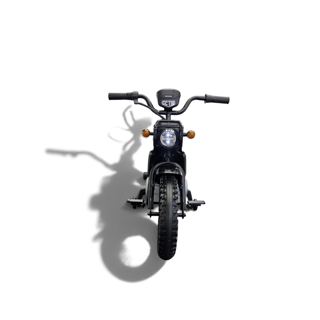 Moto électrique enfant Petit Pilote Honda Cross Cub 110 noire avec phares fonctionnels et roues stabilisatrices
