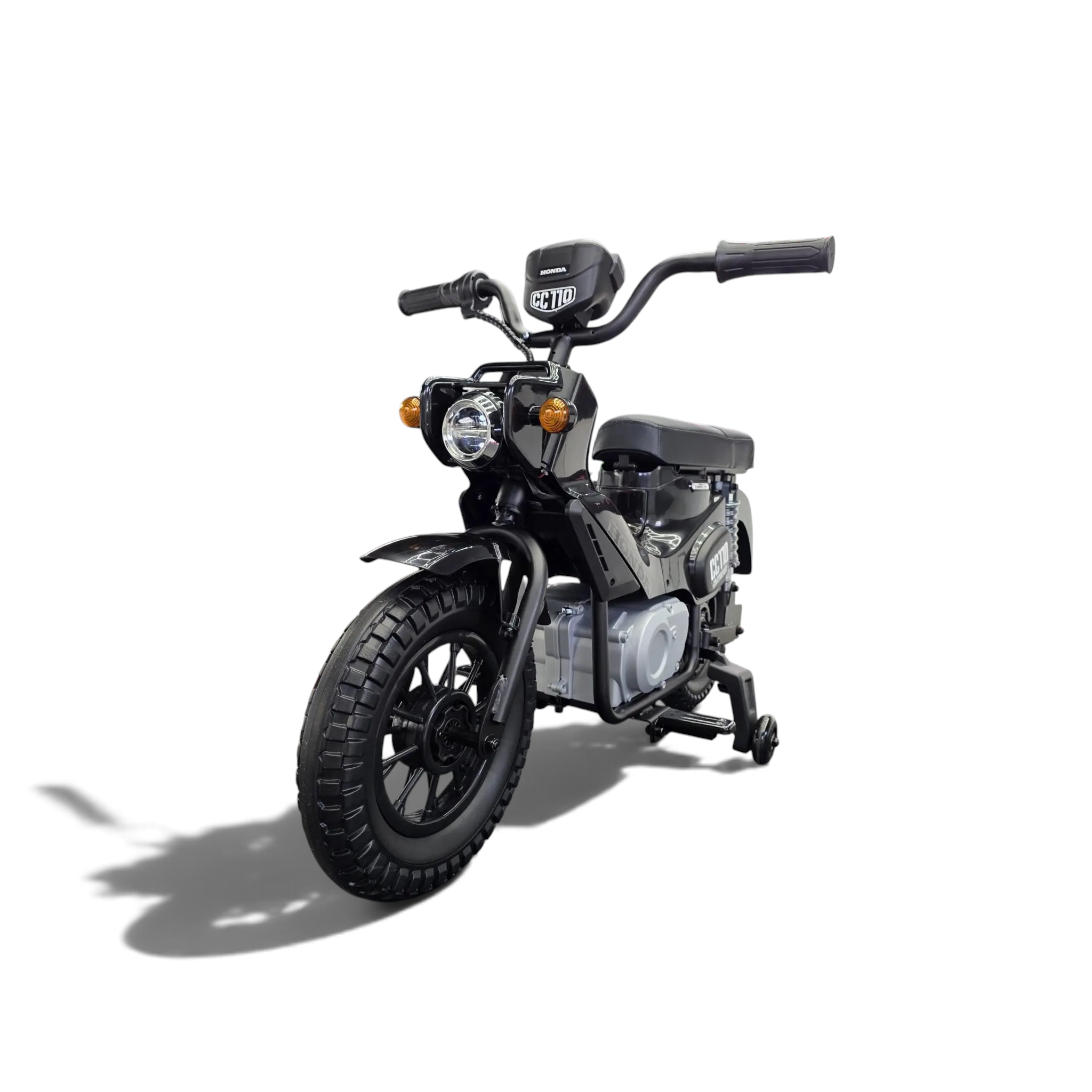 Moto électrique enfant Petit Pilote Honda Cross Cub 110 noire avec phares fonctionnels et roues stabilisatrices