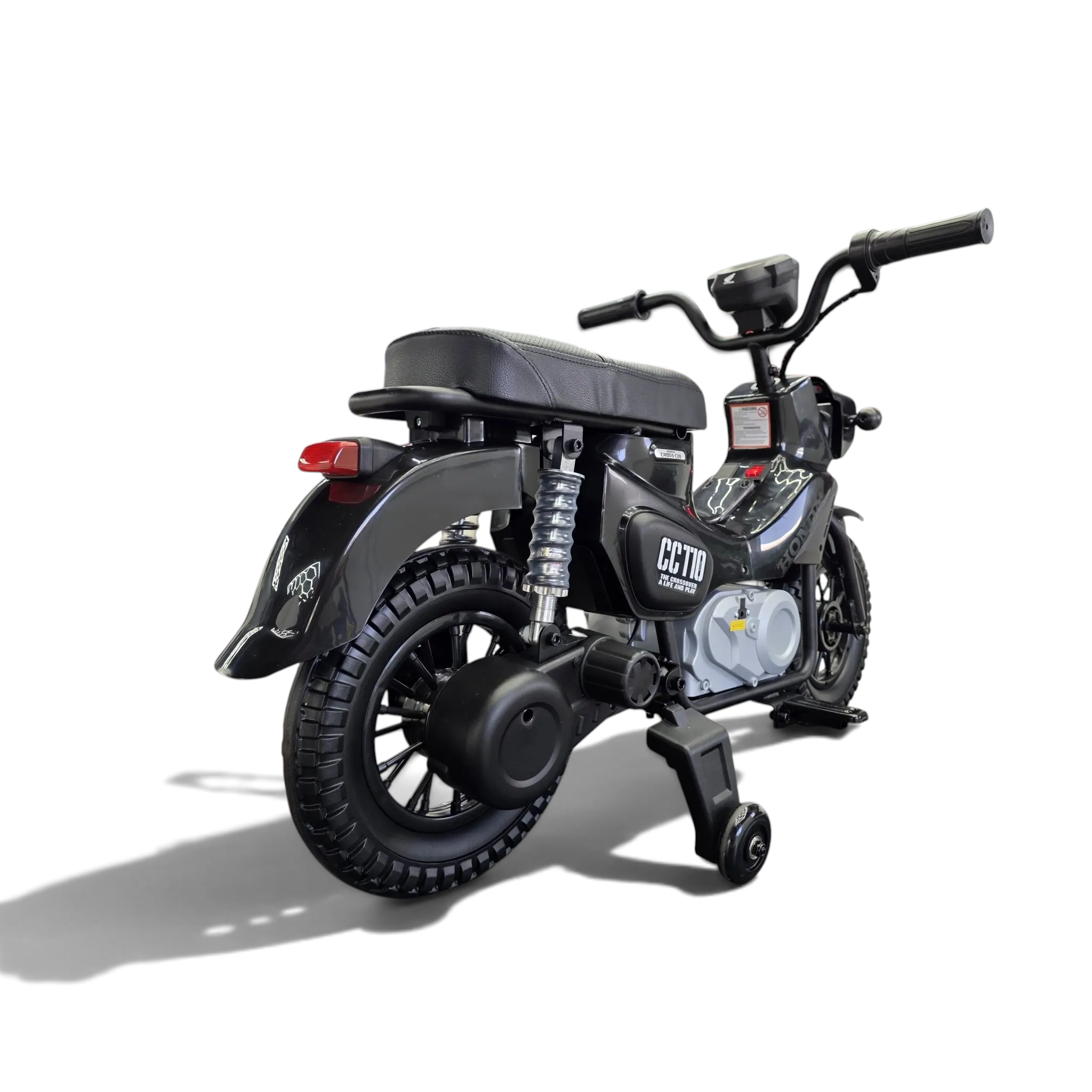 Moto électrique enfant Petit Pilote Honda Cross Cub 110 noire avec roues stabilisatrices et détails réalistes
