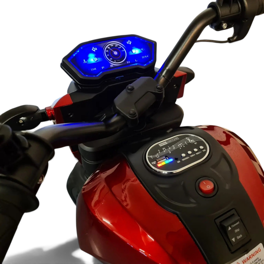 Tableau de bord numérique et commandes de la moto électrique rouge métallisé Petit Pilote pour enfant