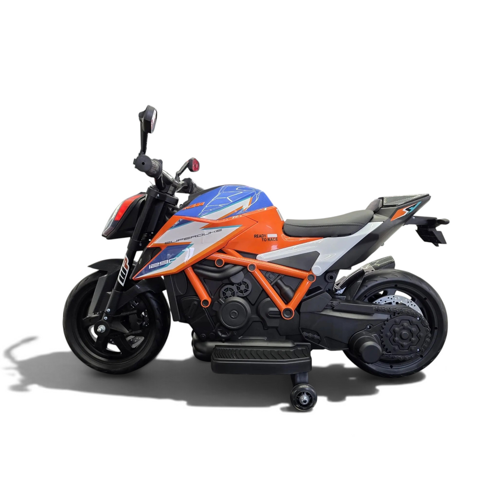 Moto électrique enfant Petit Pilote KTM 1290 Superduke rouge et orange avec roulettes latérales et pneus EVA