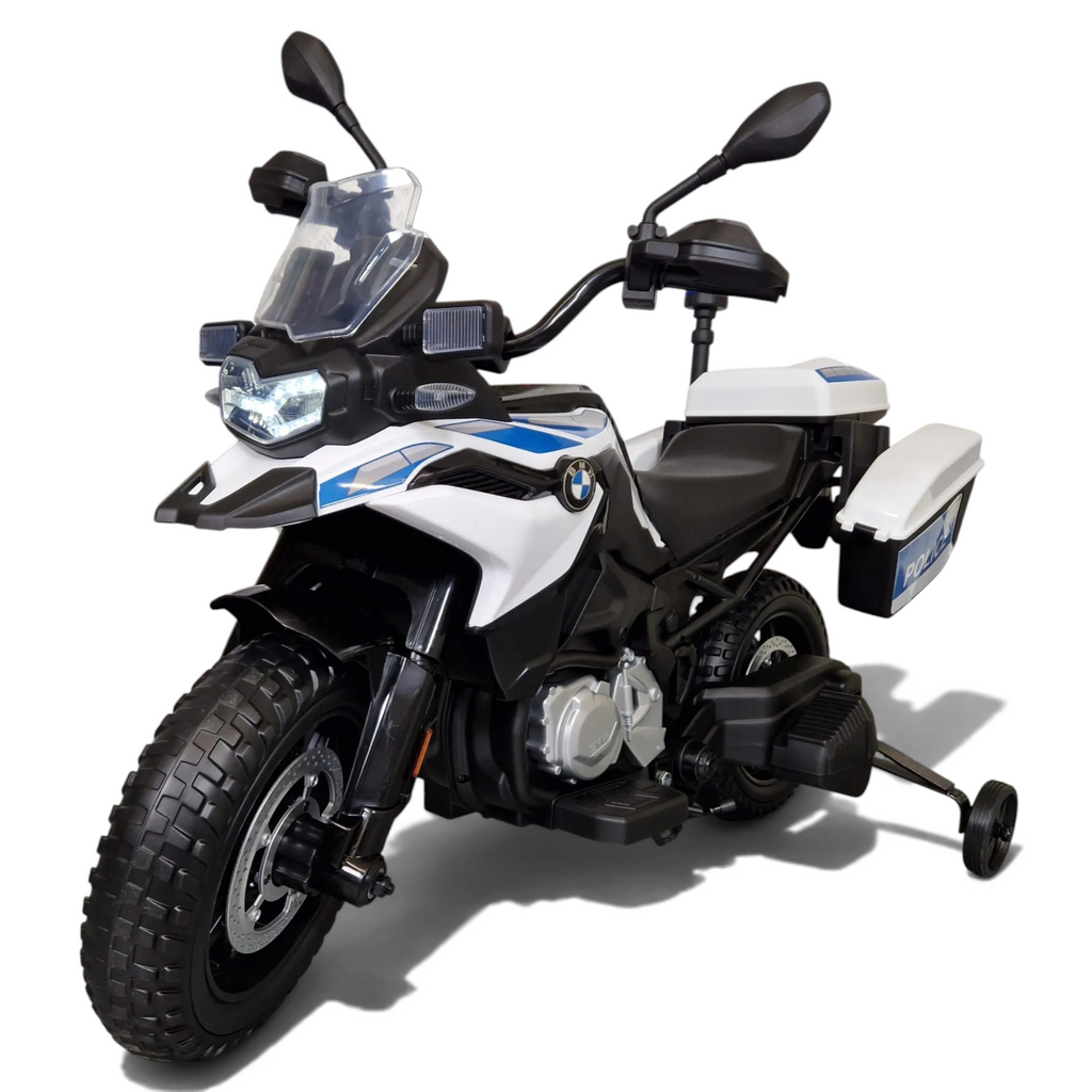 Moto électrique Petit Pilote BMW F850 pour enfant, style police bleu et blanc avec pneus EVA et phares LED