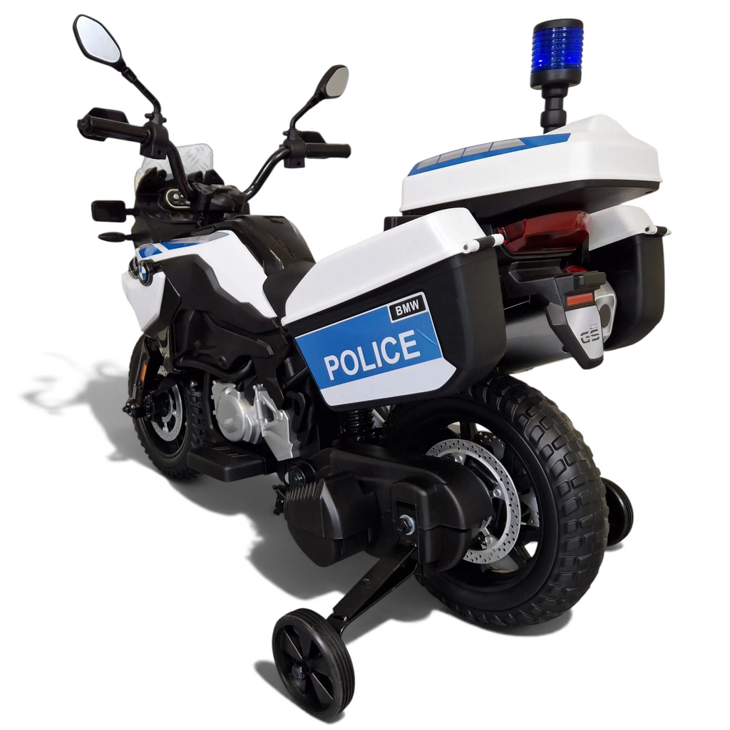Moto électrique pour enfant Petit Pilote BMW F850 Police bleue et blanche avec gyrophares et stabilisateurs arrière