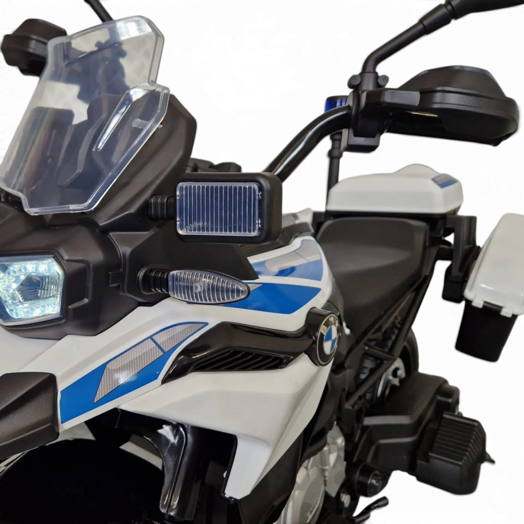 Moto électrique enfant Petit Pilote BMW F850 police bleu et blanc avec phares LED et pare-brise