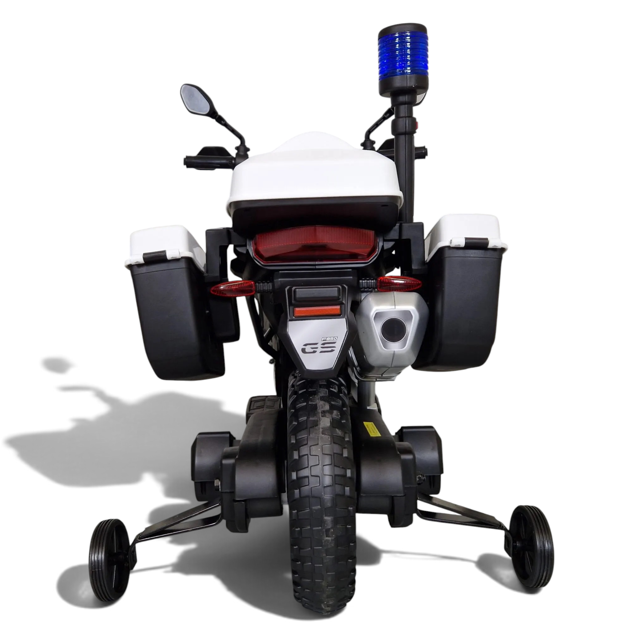 Vue arrière de la moto électrique enfant Petit Pilote BMW F850 Police avec gyrophare bleu, sacoches et roues stabilisatrices