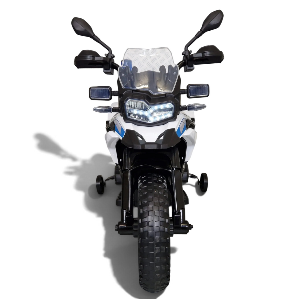 Moto électrique pour enfant Petit Pilote BMW F850 Police blanche et bleue avec phares LED et pneus EVA robustes