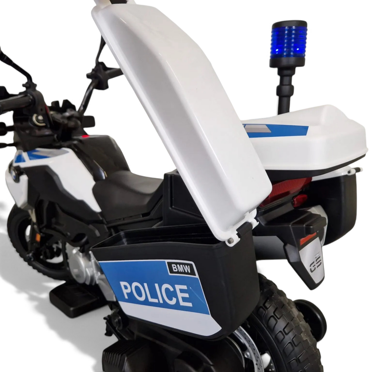 Moto police électrique pour enfant Petit Pilote BMW F850 bleue et blanche avec coffre de rangement ouvert