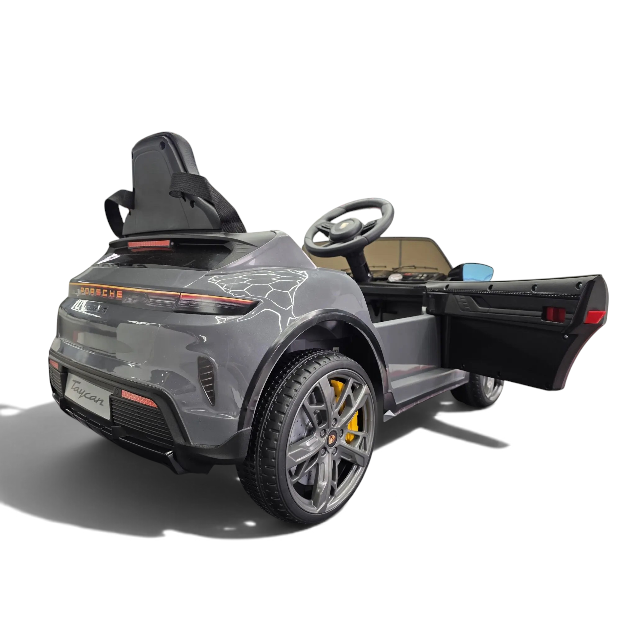 Voiture électrique pour enfant Petit Pilote Porsche Taycan grise avec porte ouverte, siège en cuir et détails réalistes