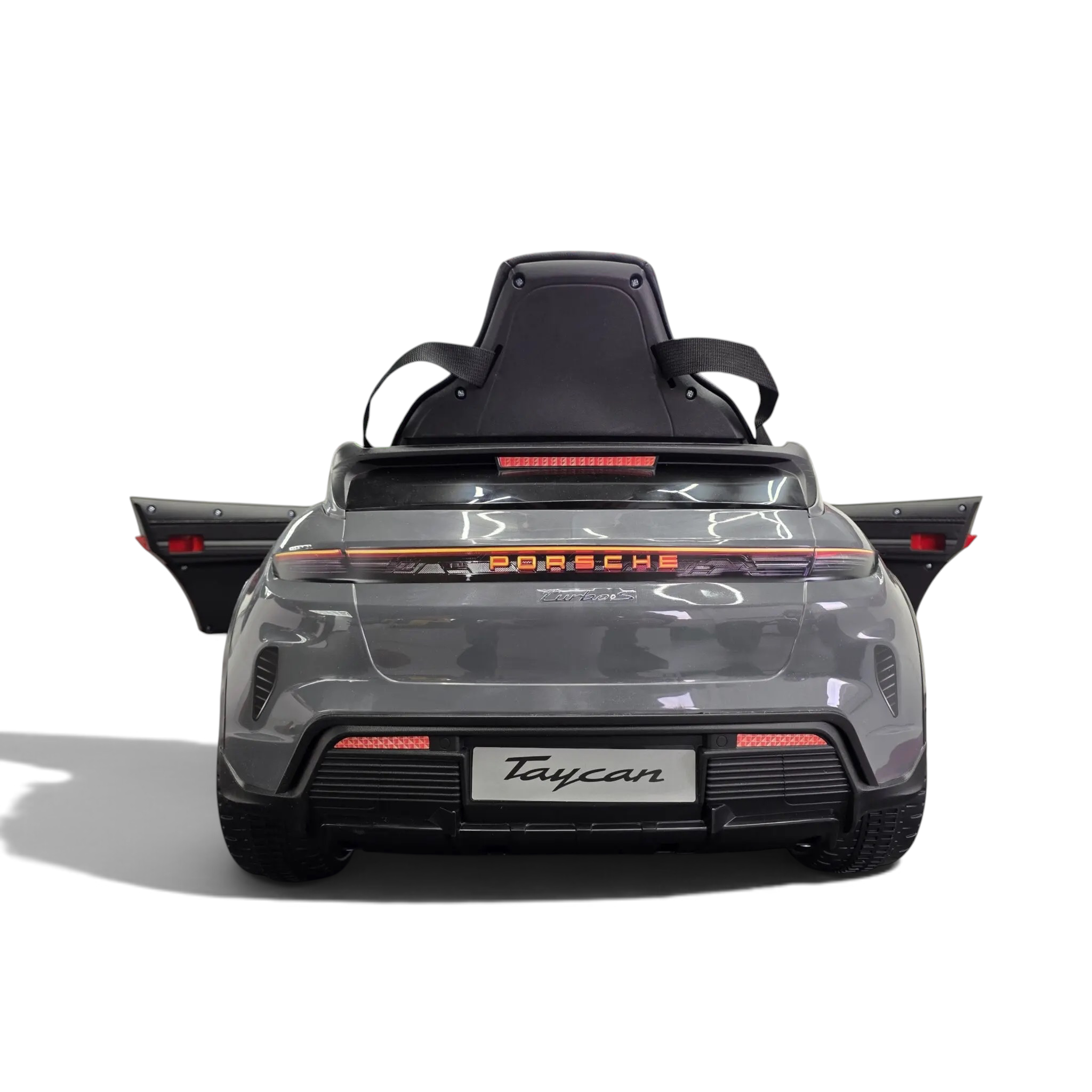 Vue arrière de la voiture électrique pour enfant Petit Pilote Porsche Taycan grise avec feux LED et siège en simili cuir