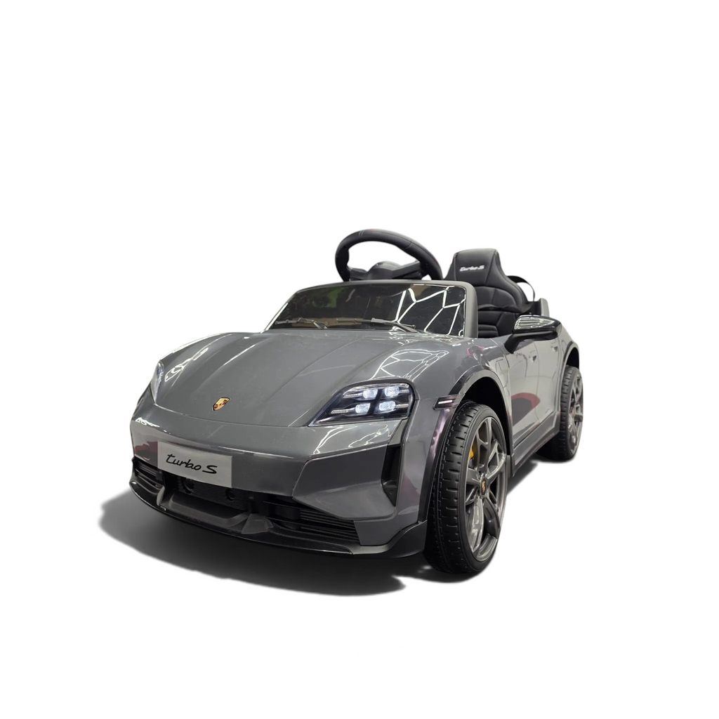 Voiture électrique pour enfant Petit Pilote Porsche Taycan grise avec phares LED, siège en cuir et détails réalistes