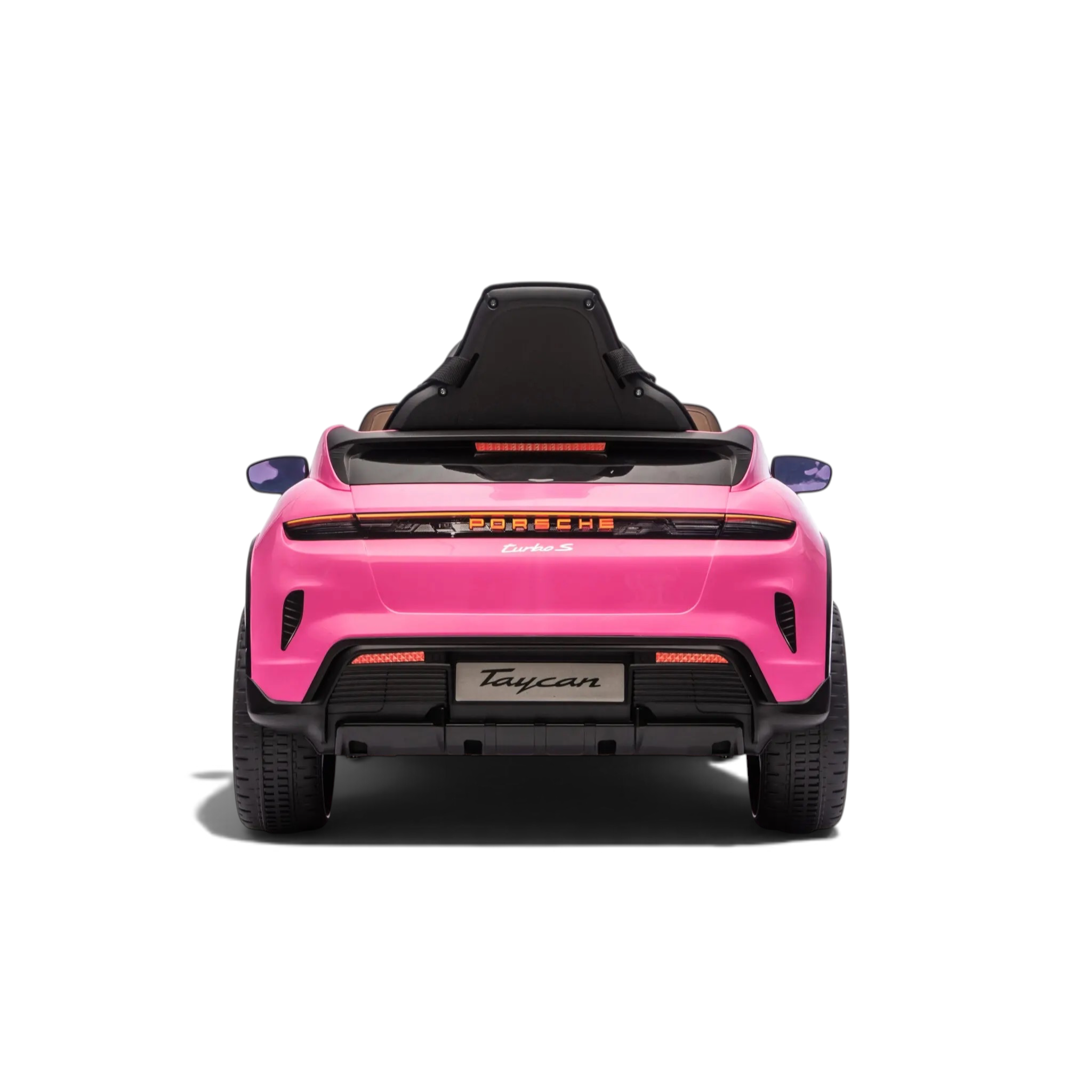 Vue arrière de la voiture électrique pour enfant Petit Pilote Porsche Taycan rose avec feux LED et logo officiel
