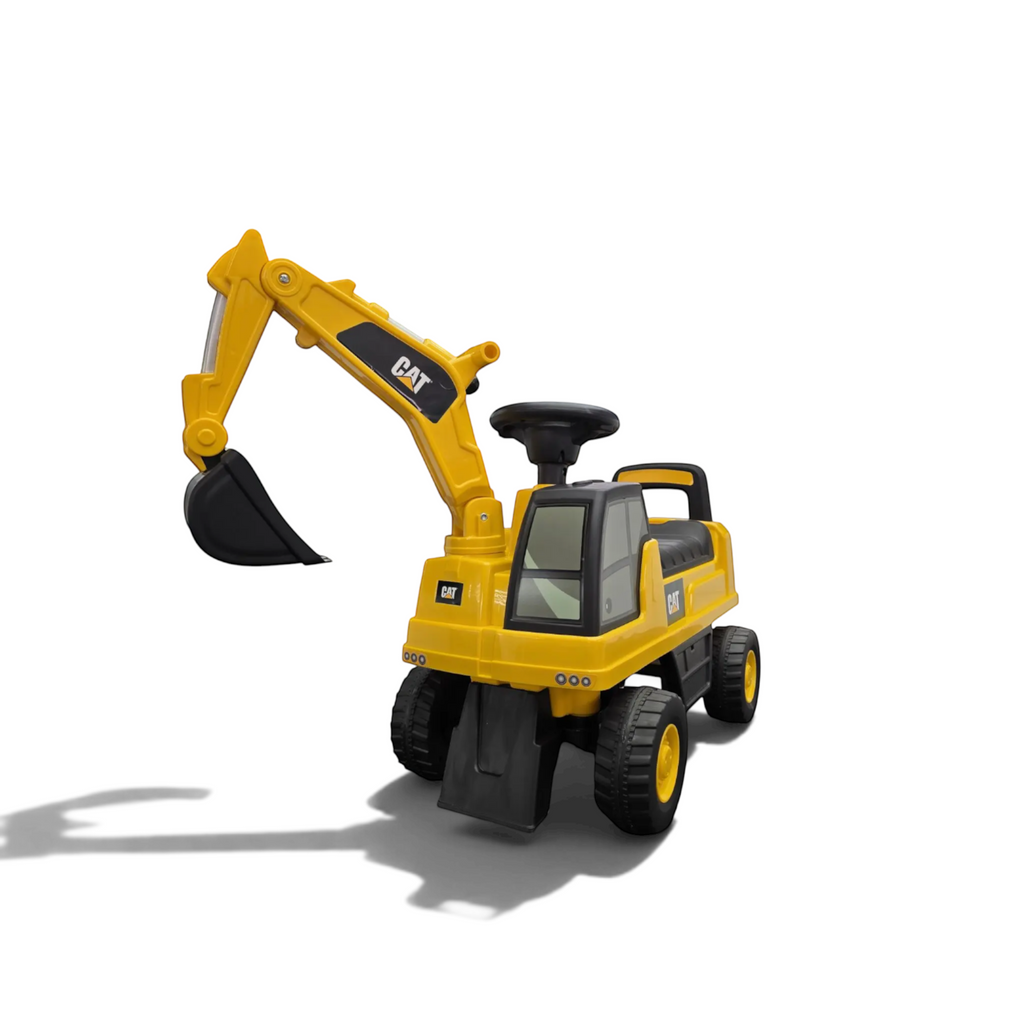 Porteur pelleteuse Petit Pilote CAT jaune et noir avec pelle articulée pour enfants, idéal pour jouer en intérieur ou jardin