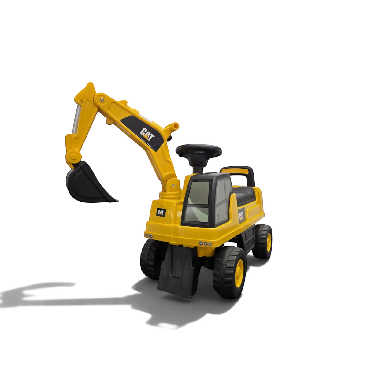 Porteur pelleteuse Petit Pilote CAT jaune et noir avec pelle articulée pour enfants, idéal pour jouer en intérieur ou jardin