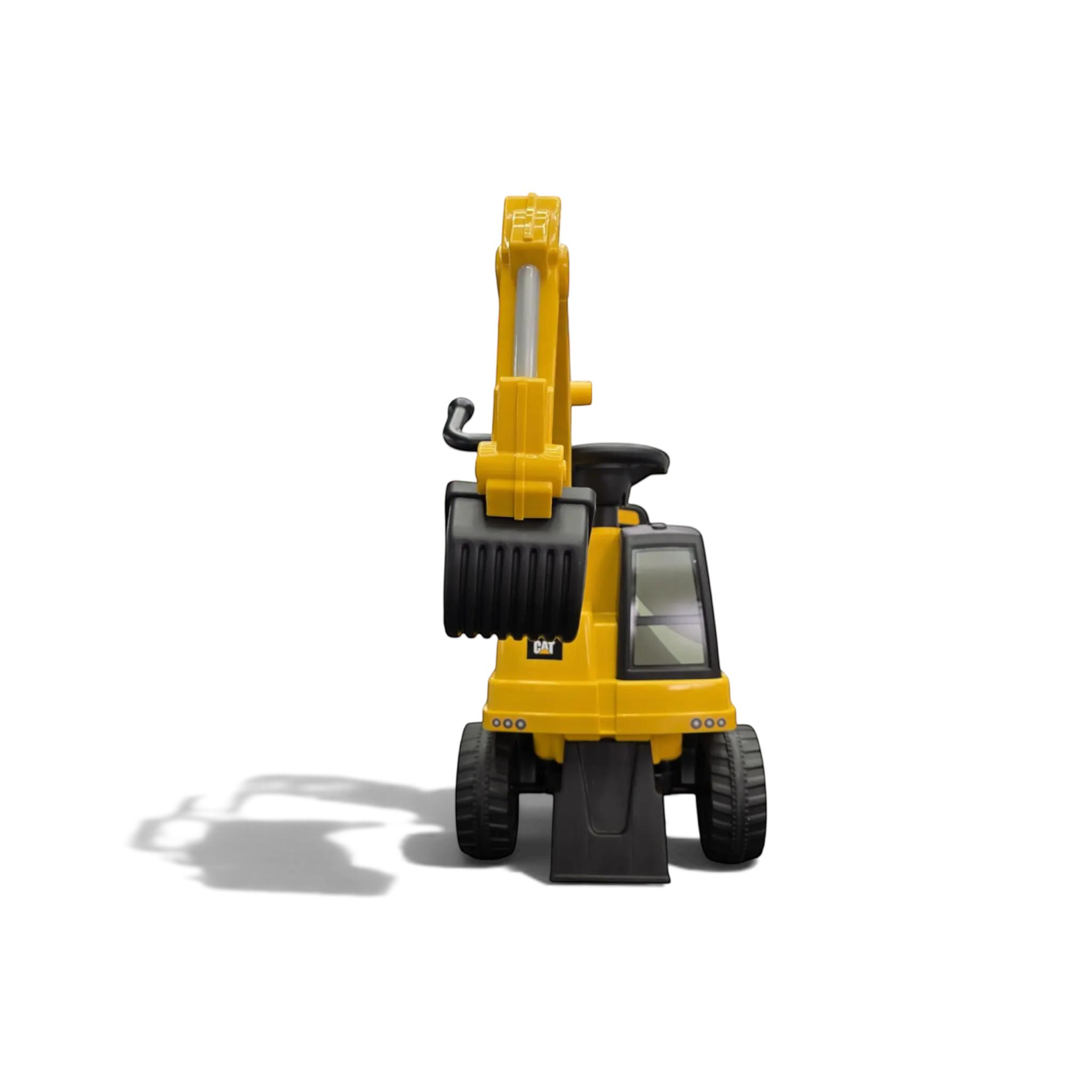 Porteur pelleteuse CAT jaune et noir pour enfants avec pelle articulée, vendu par Petit Pilote