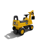 Porteur pelleteuse CAT jaune et noir pour enfants avec pelle articulée, proposé par Petit Pilote