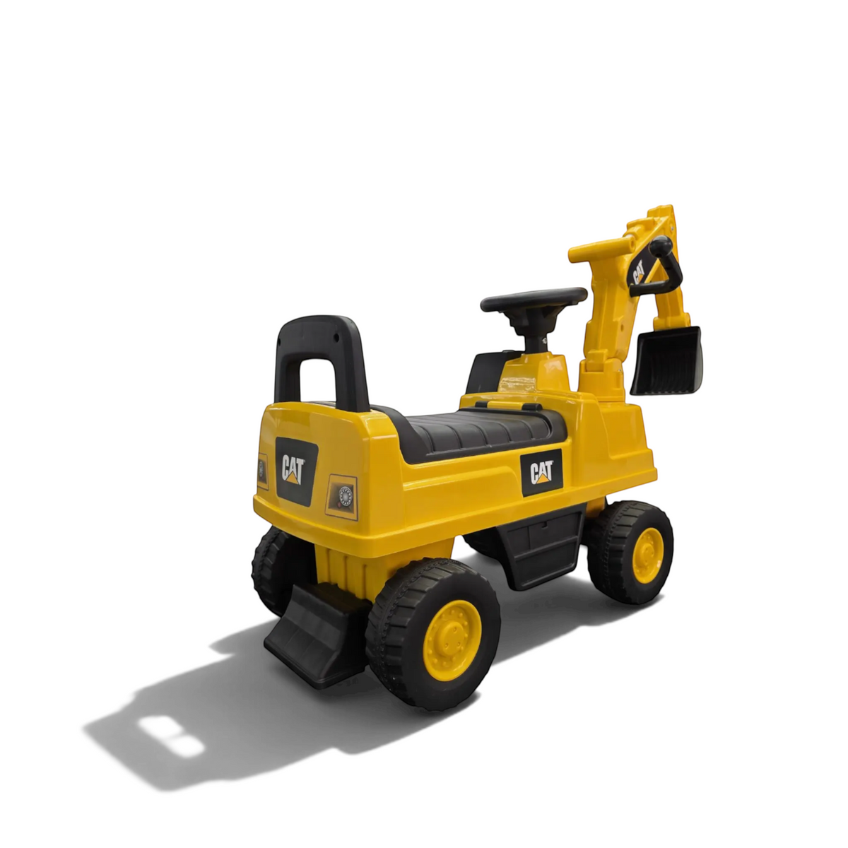 Porteur pelleteuse CAT jaune et noir pour enfants avec pelle articulée, proposé par Petit Pilote