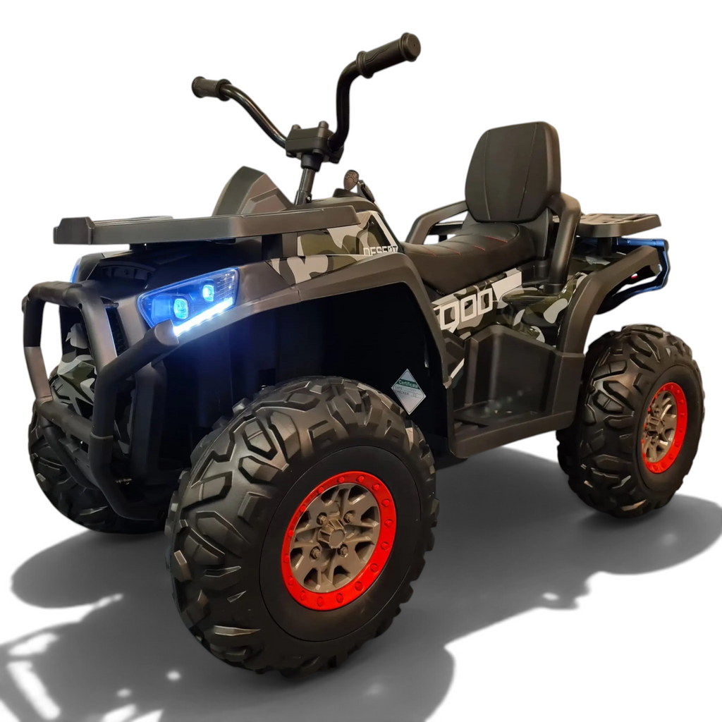 Quad électrique enfant Petit Pilote 12V camouflage vert avec phares LED, siège en cuir et pneus tout-terrain robustes