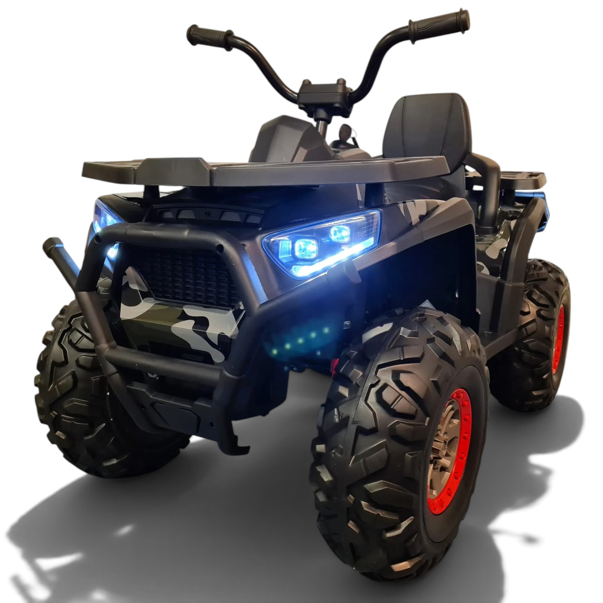 Quad électrique enfant Petit Pilote 12V camouflage vert avec phares LED, pneus tout-terrain et siège en cuir