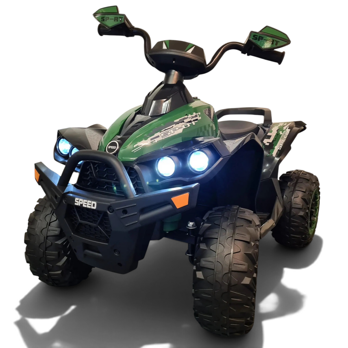 Quad électrique enfant Petit Pilote 12V style camouflage vert avec phares LED allumés et pneus tout-terrain robustes