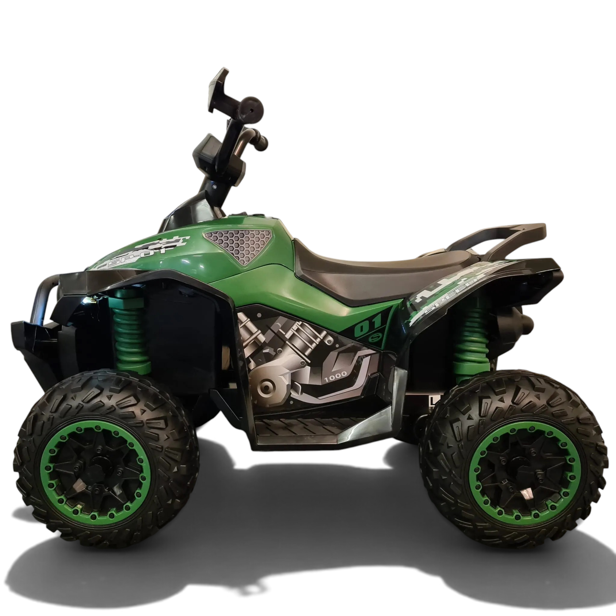 Quad électrique enfant Petit Pilote Phyton 12V vert avec motif camouflage, roues tout-terrain et design robuste.