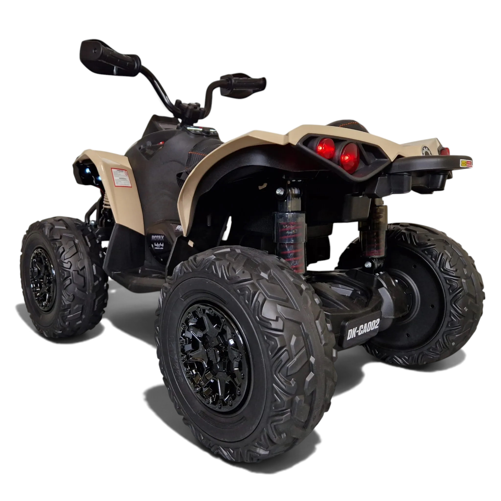 Quad électrique enfant Odecare Can Am Maverick 24V kaki avec pneus EVA et suspensions, vue arrière trois-quarts