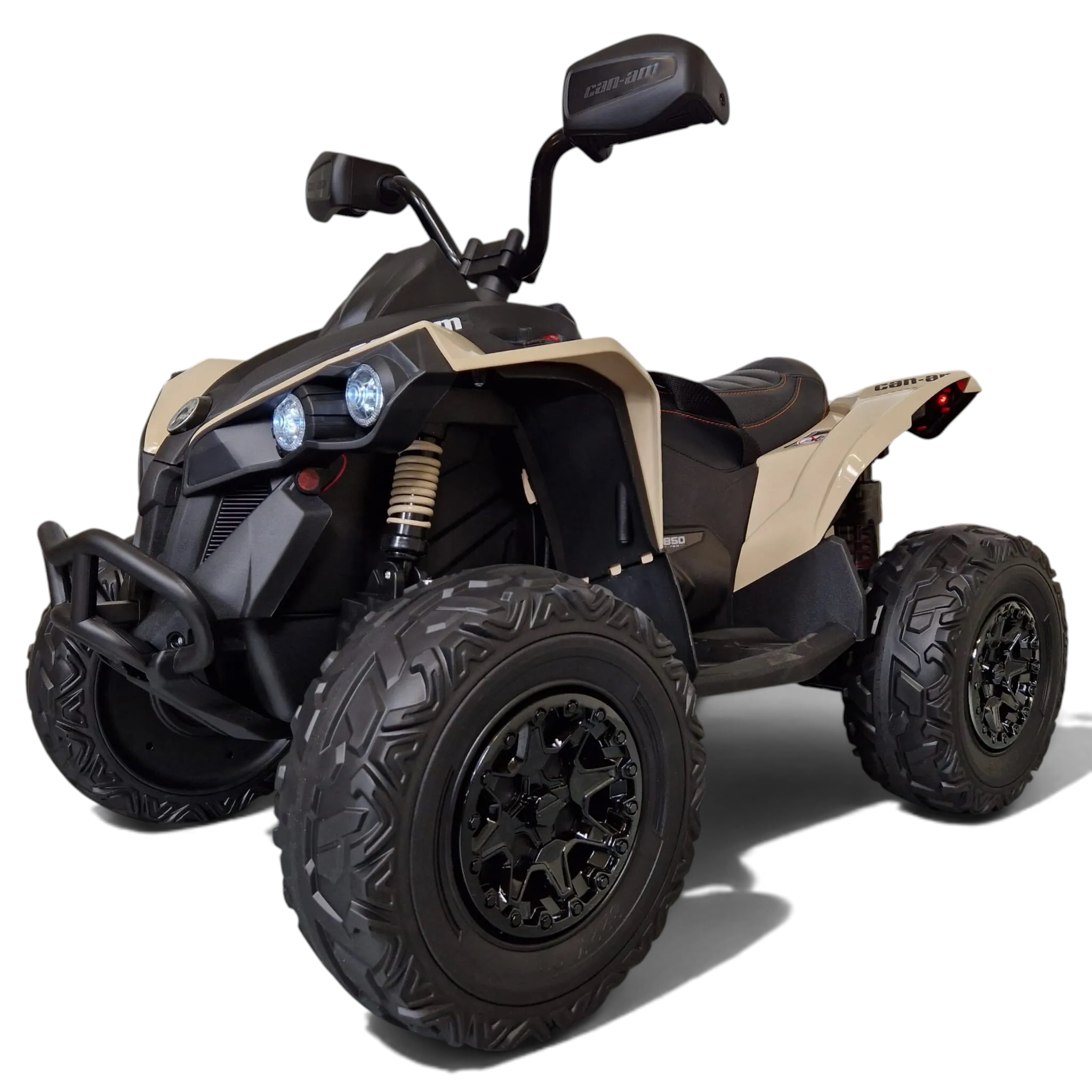 Quad électrique enfant Petit Pilote Can Am Maverick kaki avec pneus EVA, siège en cuir et phares LED fonctionnels