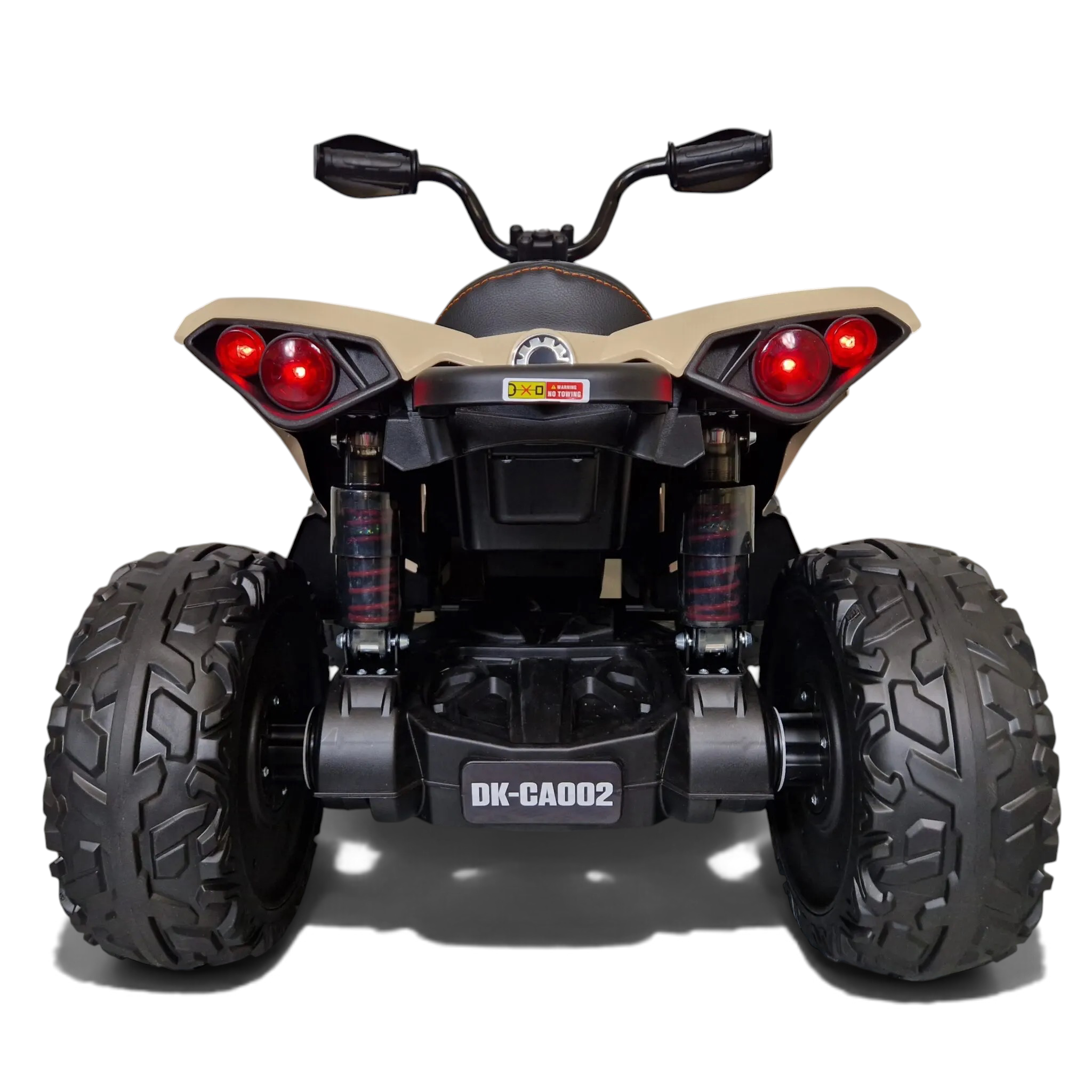 Vue arrière du quad électrique pour enfant Odecare Can Am Maverick 24V kaki avec pneus EVA et suspensions visibles