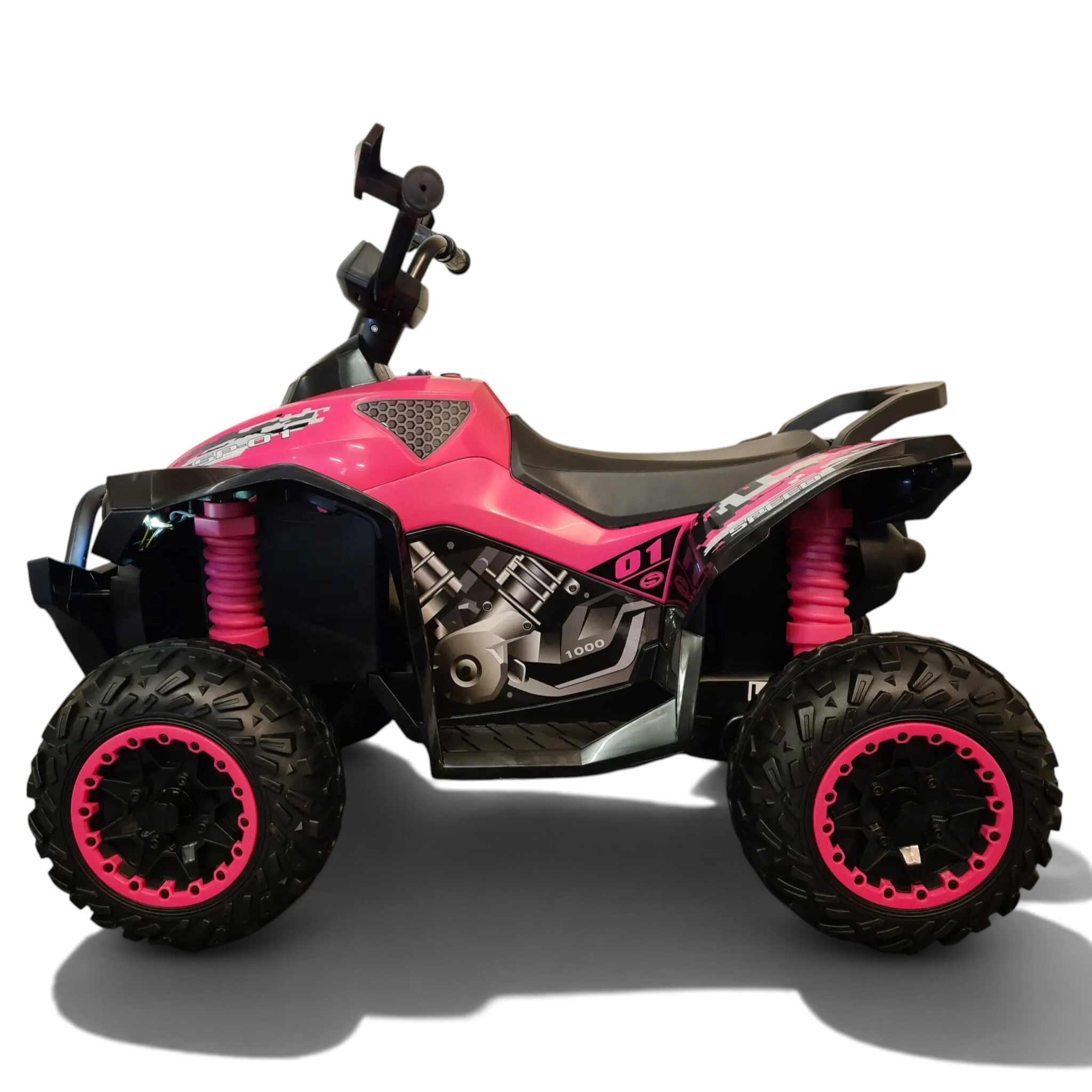 Quad électrique pour enfant Petit Pilote rose et noir avec suspensions apparentes et roues tout-terrain robustes