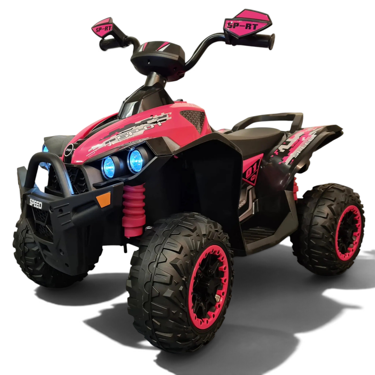 Quad électrique enfant Petit Pilote rose et noir avec phares LED, style tout-terrain pour les petits pilotes dès 3 ans.