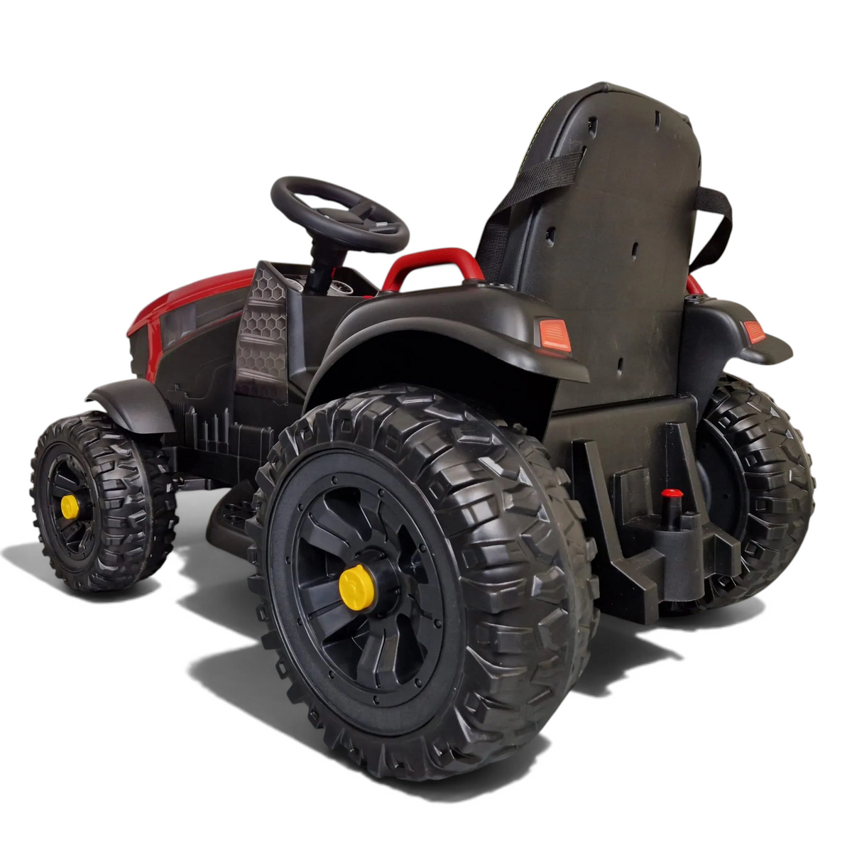 Vue arrière du tracteur électrique pour enfant Petit Pilote rouge avec pneus EVA robustes et siège confortable