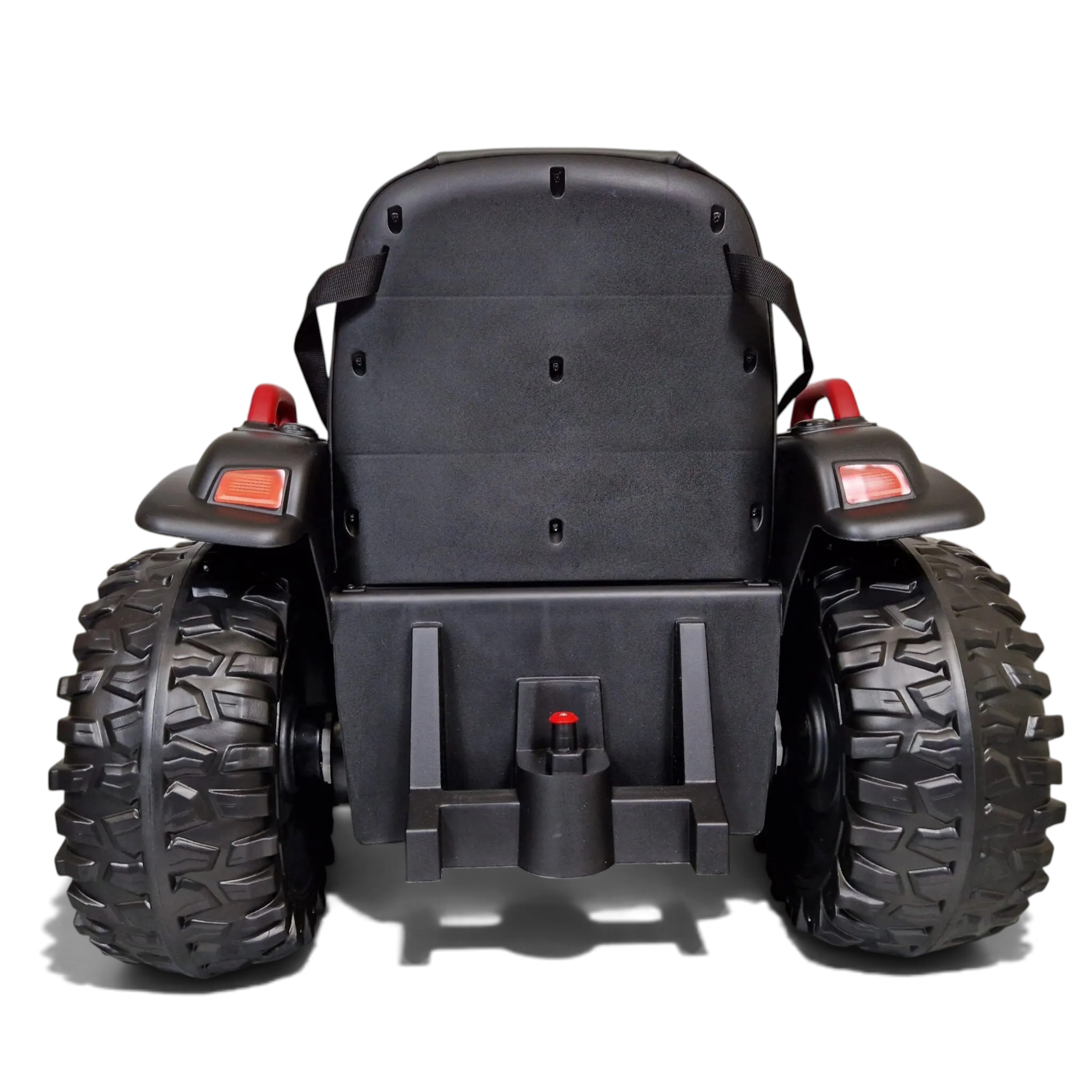 Vue arrière du tracteur électrique enfant Petit Pilote Farmer rouge avec pneus EVA robustes et attelage de remorque