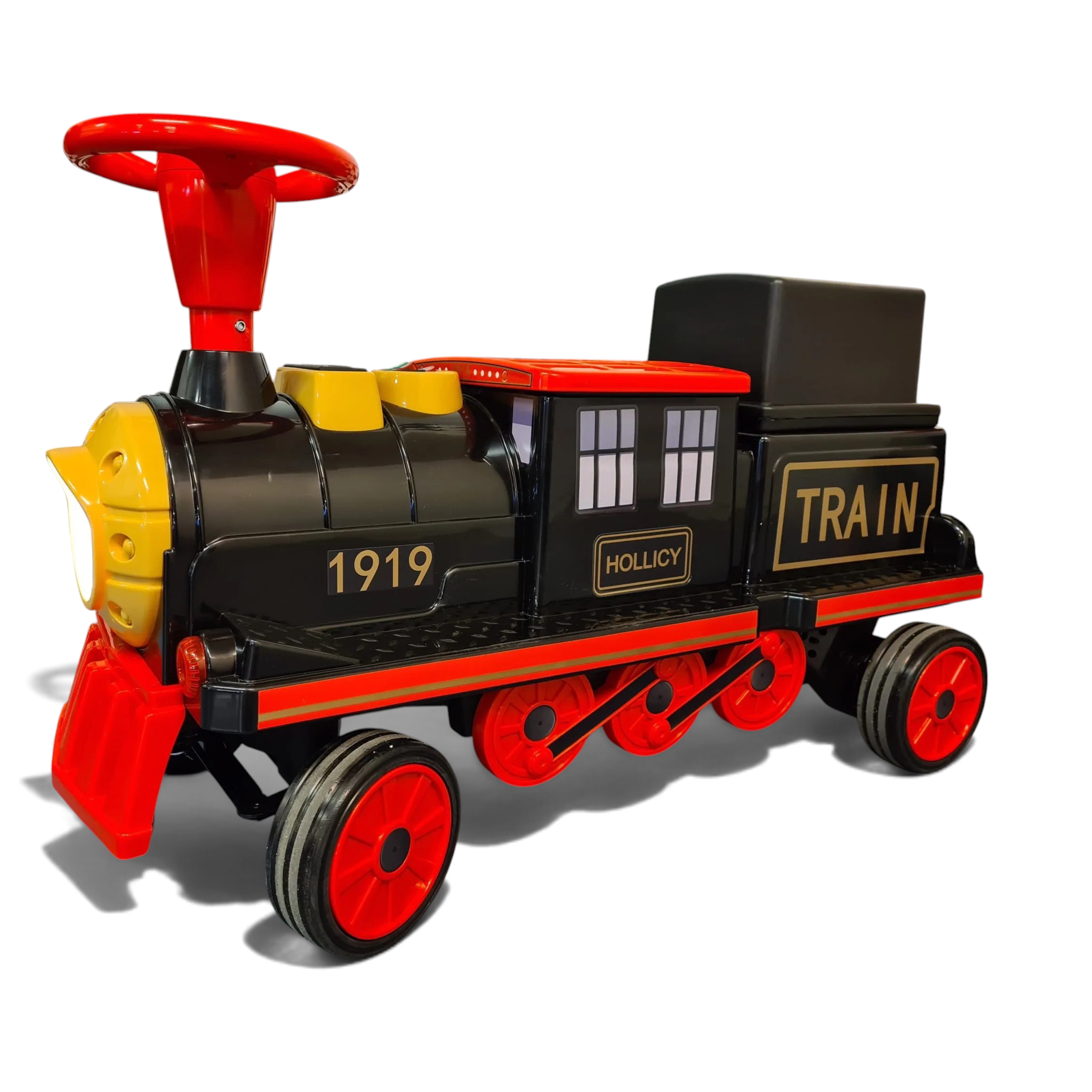 Train électrique Petit Pilote 12V noir et rouge avec deux wagons, pneus en caoutchouc et volant rouge pour enfants