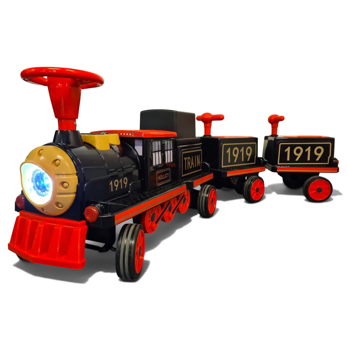 Train électrique Petit Pilote 12V noir et rouge avec deux wagons, phares LED et pneus en caoutchouc pour enfants