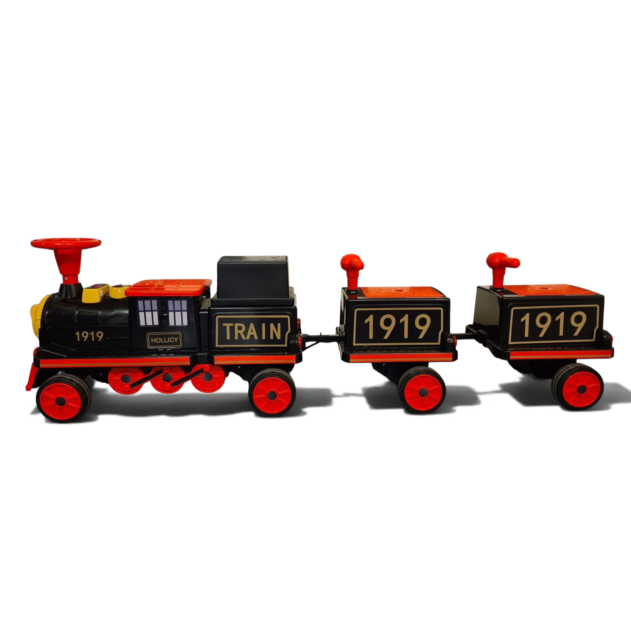 Train électrique Petit Pilote 12V noir et rouge avec deux wagons, idéal pour enfants, doté de détails réalistes.