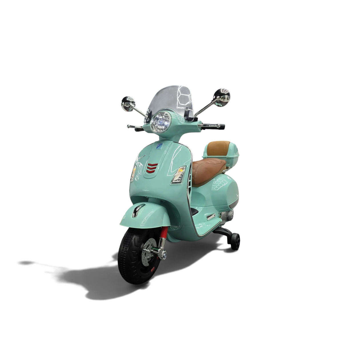 Scooter électrique enfant Petit Pilote Vespa GTS vert clair avec siège en cuir marron, pare-brise et coffre arrière
