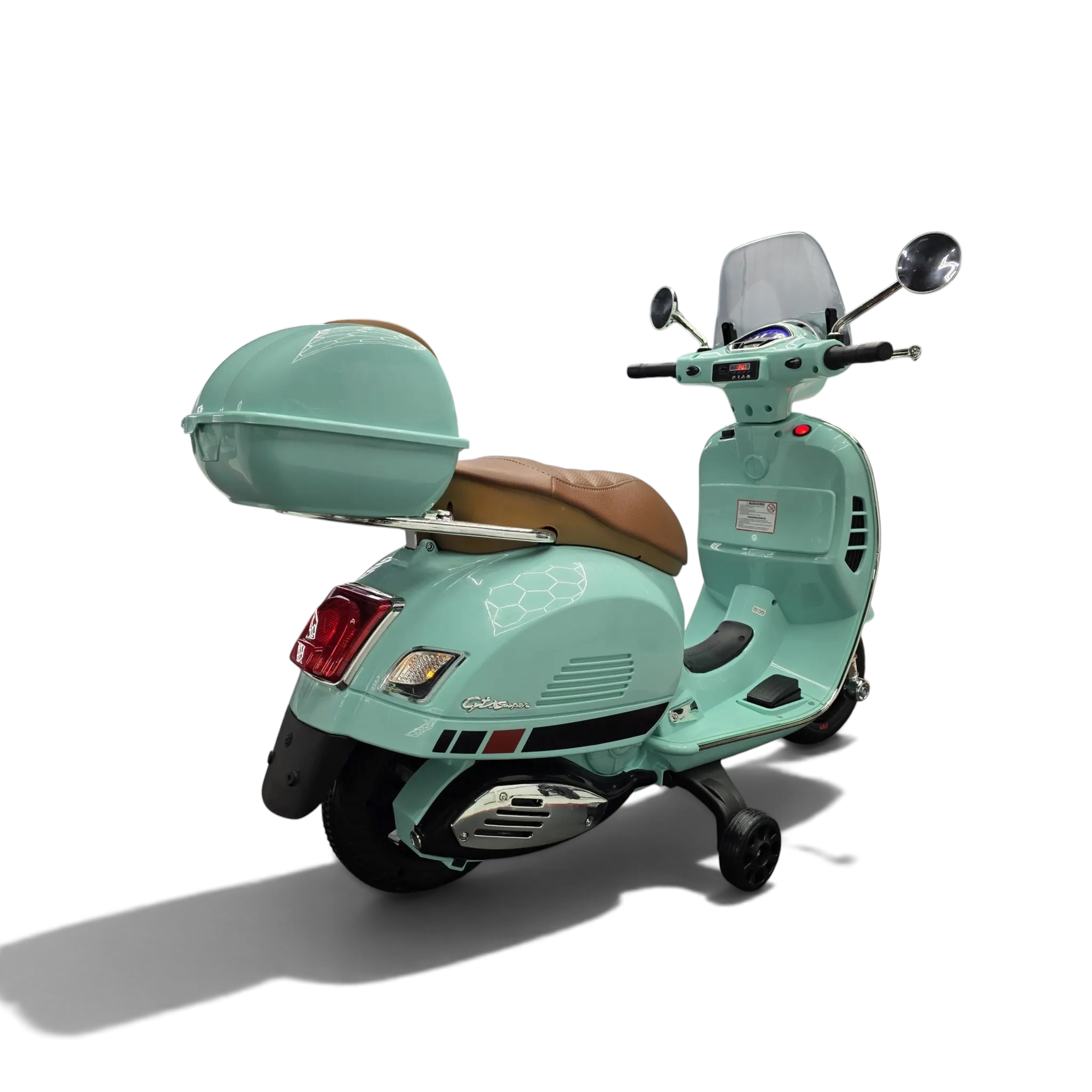 Scooter électrique enfant Petit Pilote Vespa GTS vert clair avec coffre arrière, siège en simili cuir et pare-brise