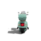 Vue arrière du scooter électrique enfant Petit Pilote Vespa GTS vert clair avec coffre et petites roues stabilisatrices